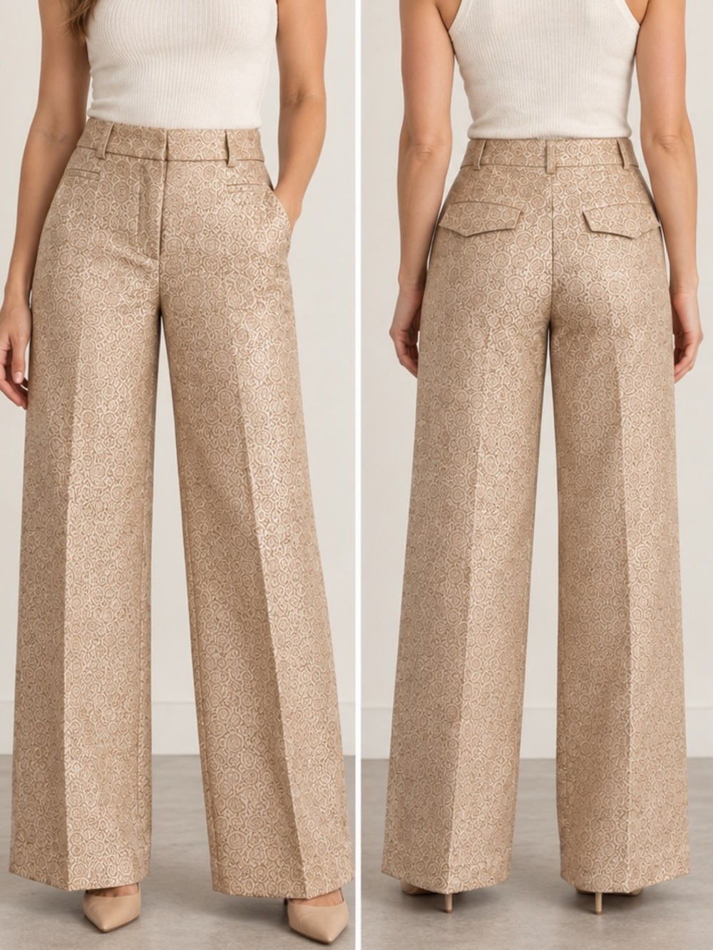 Ann Taylor 100% Silk Jacquard Wide Leg Pants Champagne Size 4